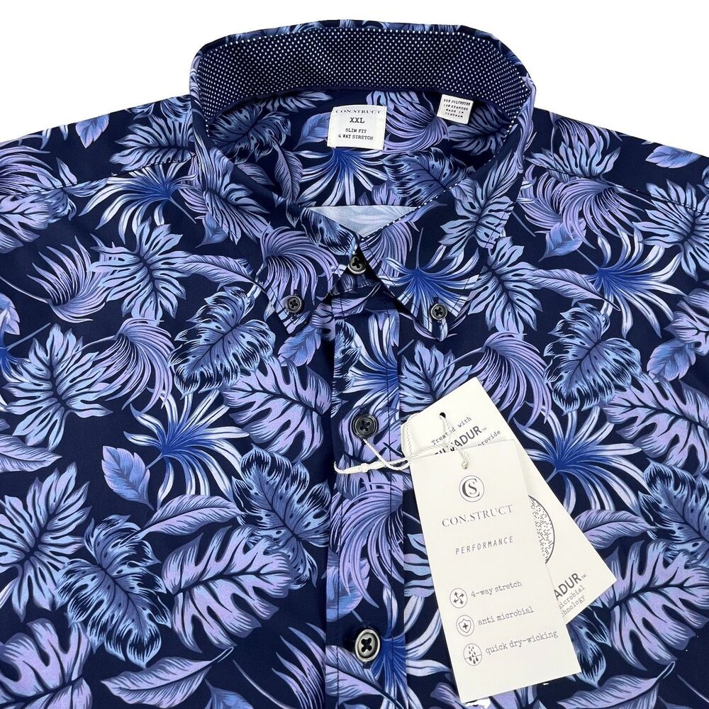 ConStruct 4 Way Stretch Shirt Mens XXL Blue Floral Tropical Button Down Slim Fit
